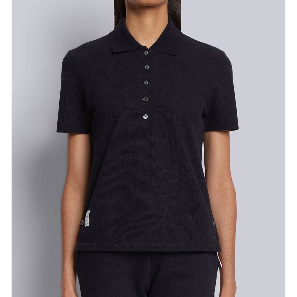 Thom Browne Navy Blue Pique Polo T Shirt Logo Tab RWB Stripe Back Red IT 40
